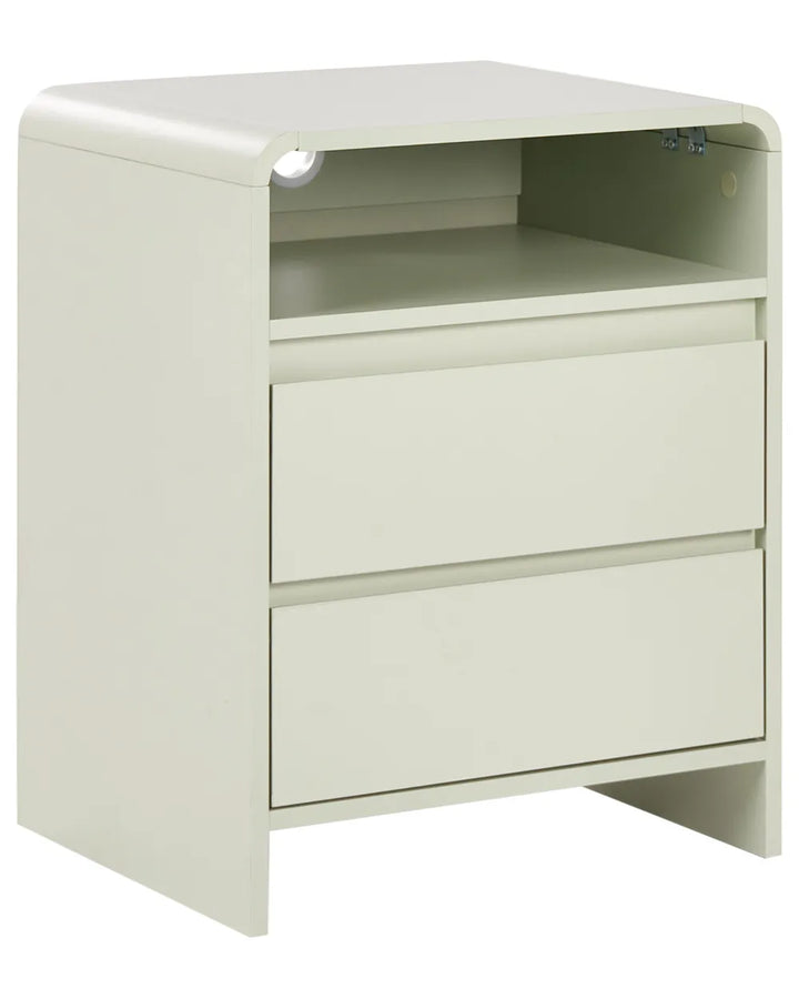 An off-white nightstand with two drawers and an open shelf on top, featuring a built-in reading light on the upper left side, shown against a plain white background.