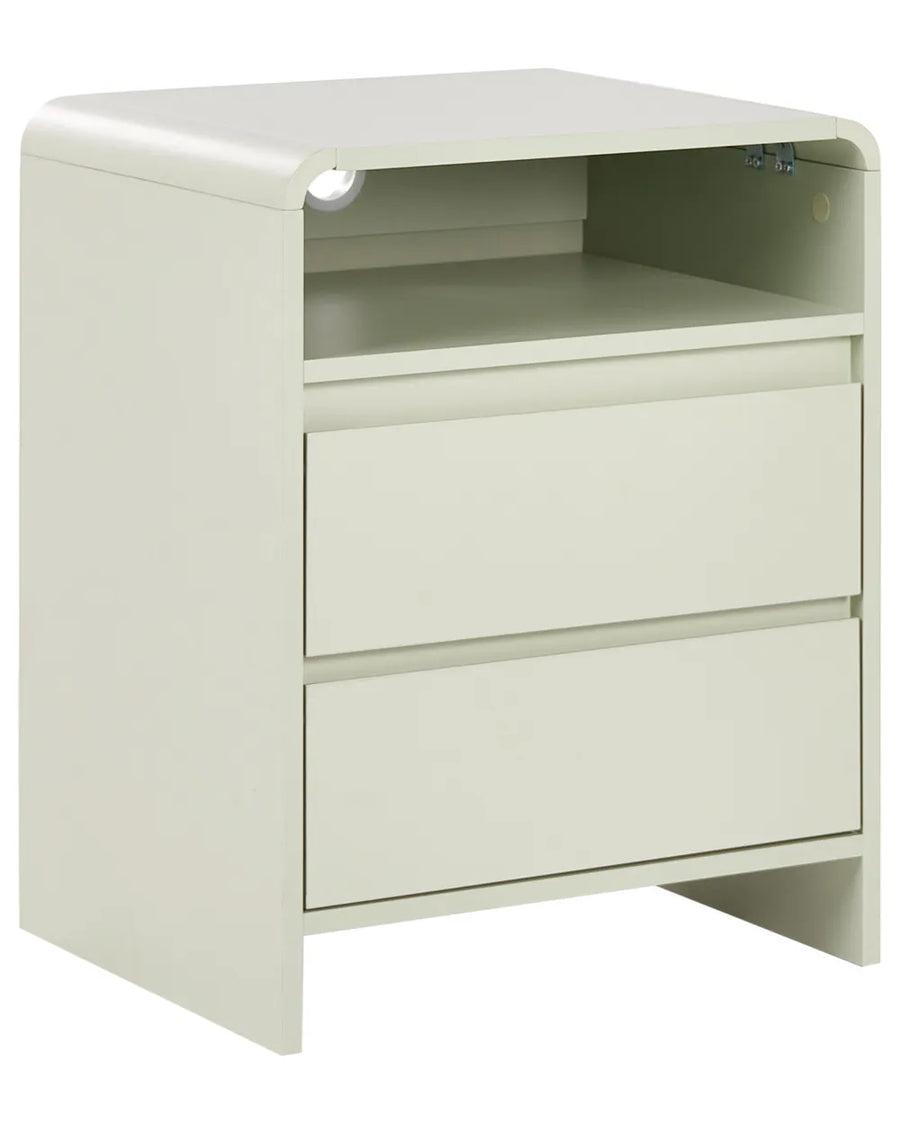 An off-white nightstand with two drawers and an open shelf on top, featuring a built-in reading light on the upper left side, shown against a plain white background.