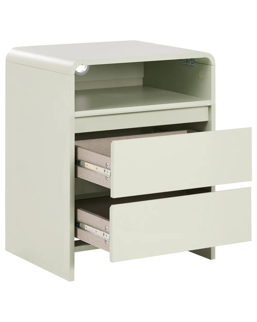 A small cream-colored nightstand with two pull-out drawers and an open top shelf, shown on a plain white background.