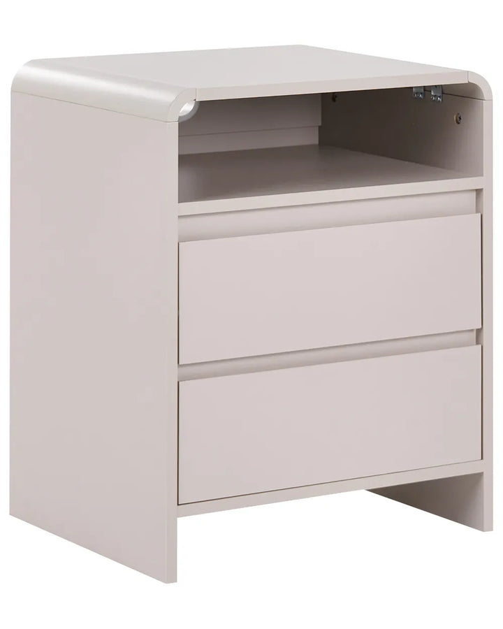 A modern two-drawer nightstand in a light beige finish, featuring a curved top edge, an open shelf, and two drawers with matching front panels.