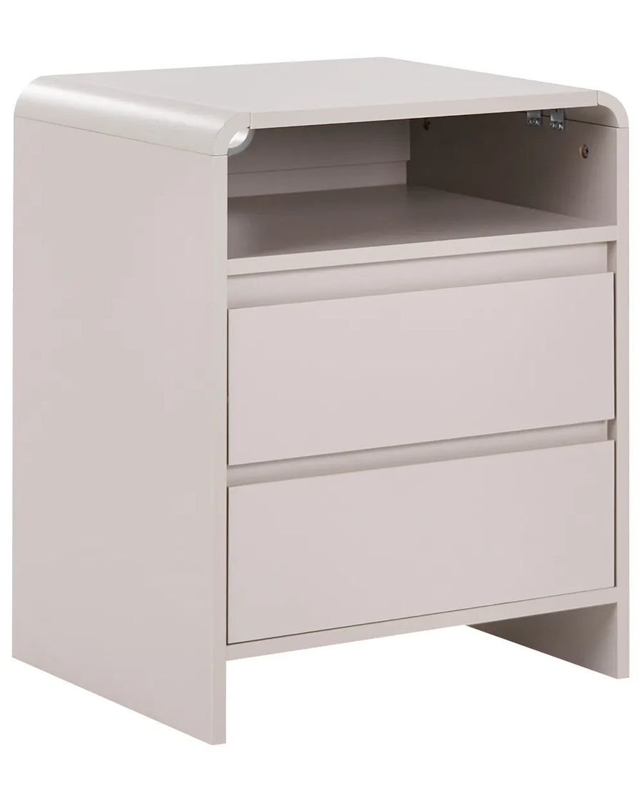 A modern two-drawer nightstand in a light beige finish, featuring a curved top edge, an open shelf, and two drawers with matching front panels.