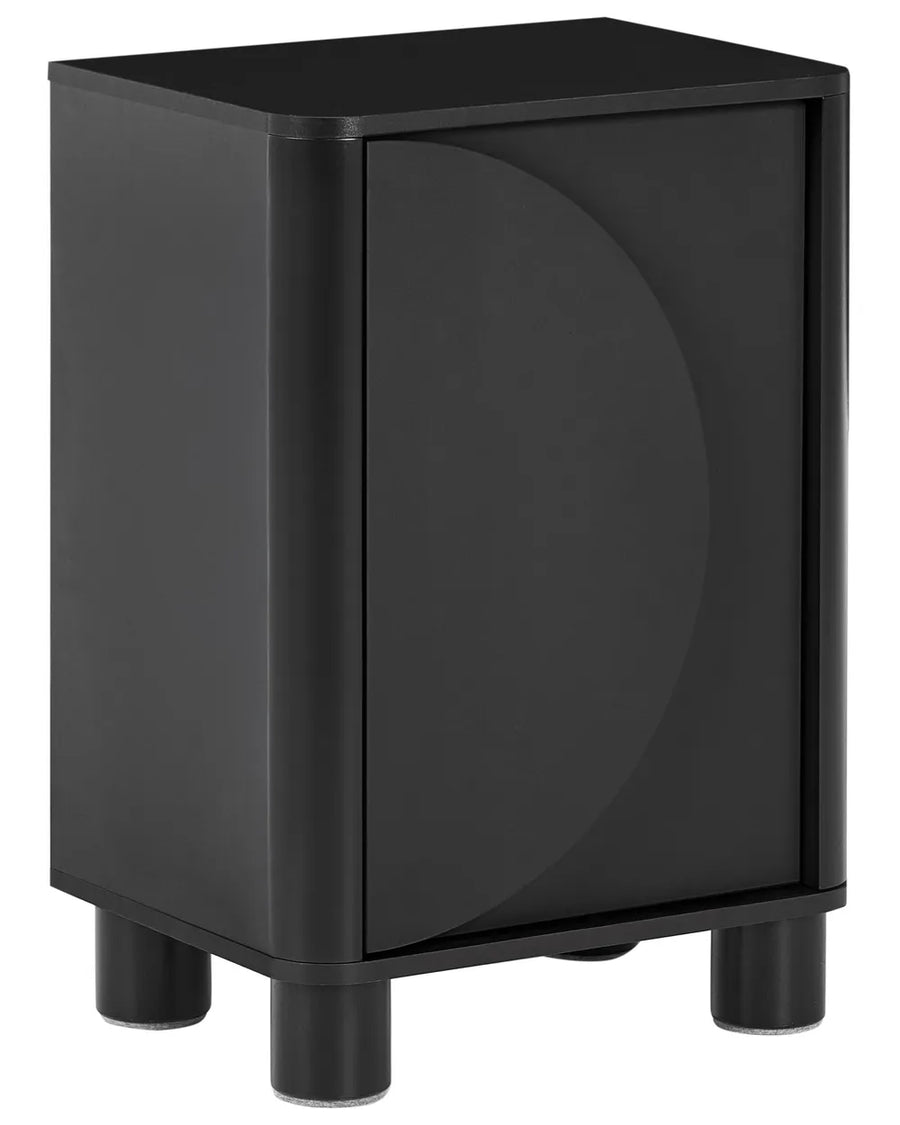 A modern black side table or cabinet with a curved front panel and four cylindrical legs, shown on a plain white background.