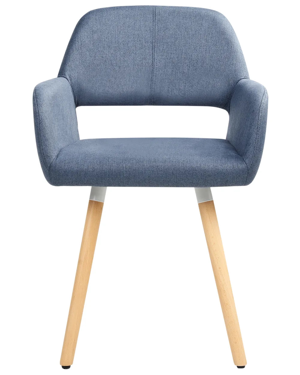 A modern upholstered dining chair with a blue fabric seat and backrest, supported by light natural wood legs with white metal connectors, shown against a plain white background.