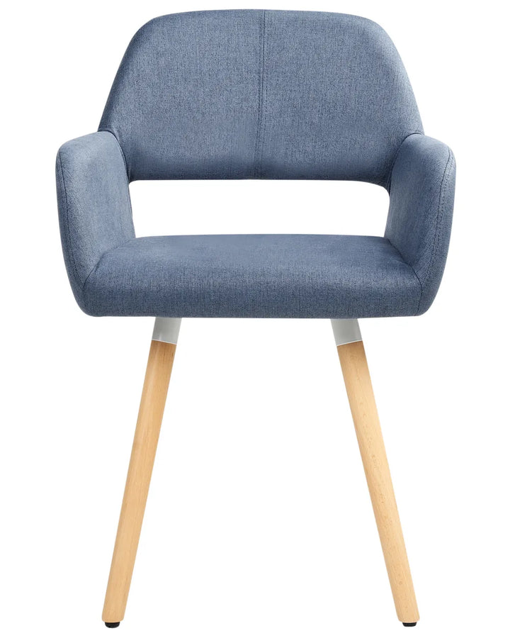A modern upholstered dining chair with a blue fabric seat and backrest, supported by light natural wood legs with white metal connectors, shown against a plain white background.