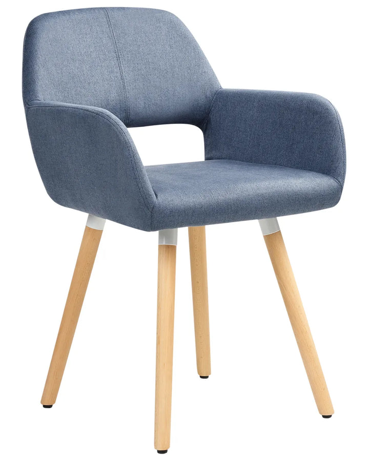 Blue upholstered chair with wooden legs on a white background