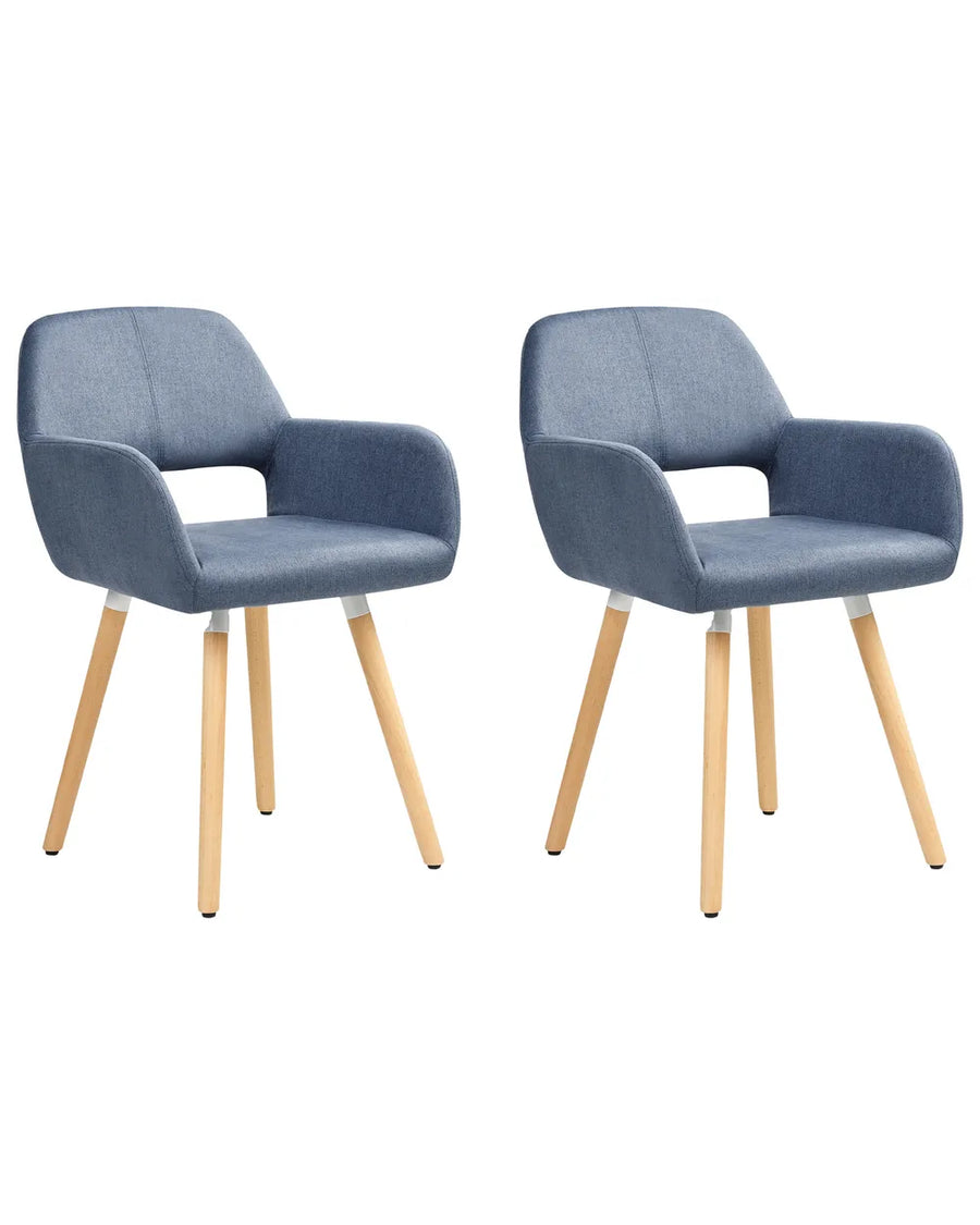 Two matching upholstered dining chairs with blue fabric seats and backs and light natural wood legs, shown on a plain white background.