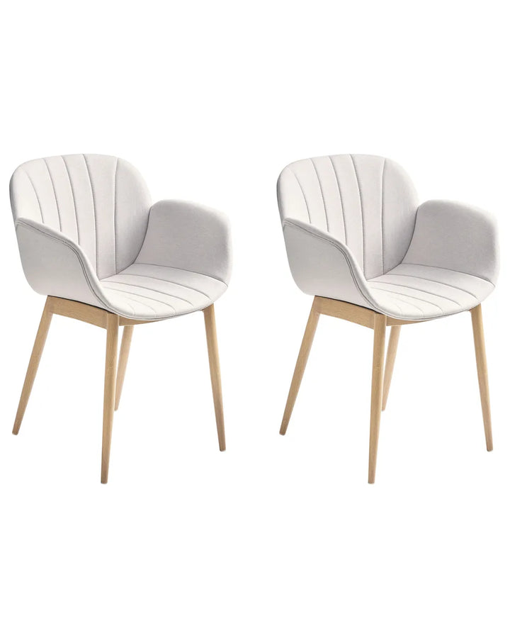 Two modern chairs with white cushioned seats and gray backs on a white background