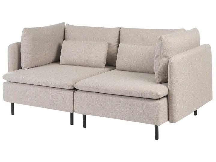 A modern two-seater sofa in a light beige textured fabric, featuring four matching back cushions and slim black metal legs, shown against a plain white background.