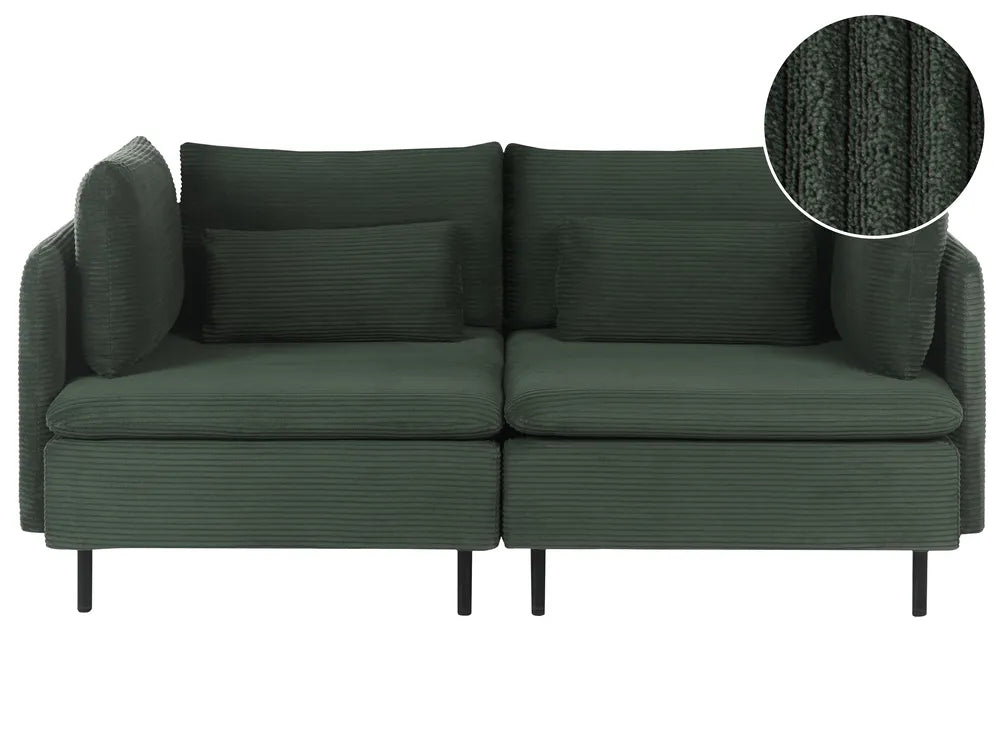 A dark green corduroy loveseat sofa with two matching back cushions and two seat cushions, shown against a plain white background with a circular fabric texture inset in the top right corner.