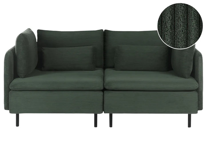 A dark green corduroy loveseat sofa with two matching back cushions and two seat cushions, shown against a plain white background with a circular fabric texture inset in the top right corner.