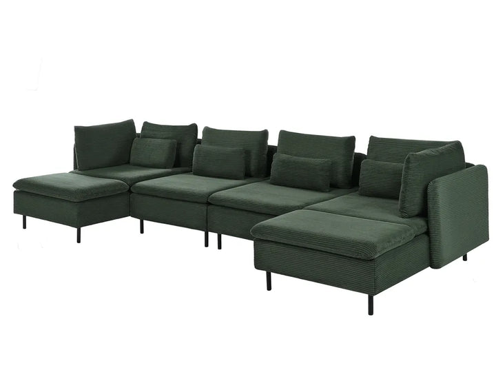 A dark green sectional sofa with matching throw pillows and a chaise lounge, shown from a three-quarters angle against a plain white background.