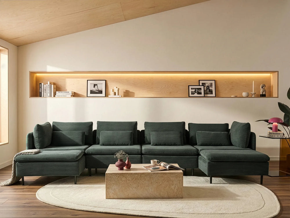Modern living room with a dark green sectional sofa, wooden coffee table, and wall-mounted shelves.
