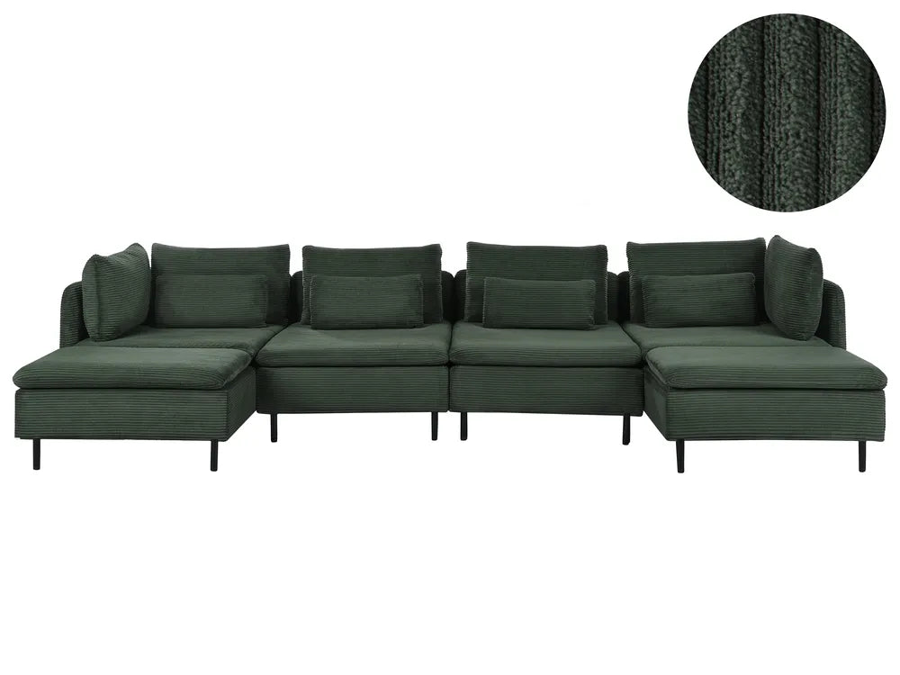 A dark green modular sectional sofa with matching back and arm pillows, shown on a plain white background with a circular fabric close-up inset in the top right.
