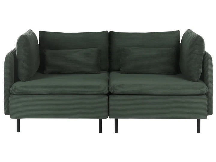 A dark green corduroy loveseat sofa with two matching back cushions and two side armrests, shown from a front-facing perspective on a plain white background.