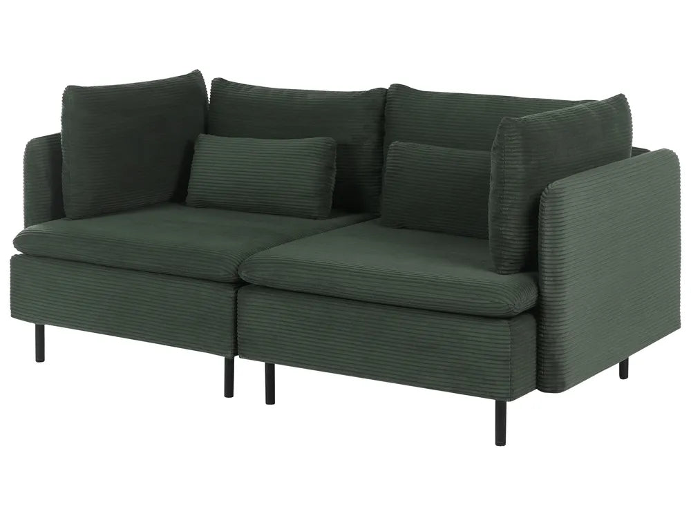 A dark green corduroy loveseat sofa with matching back cushions and two throw pillows, shown on a plain white background.