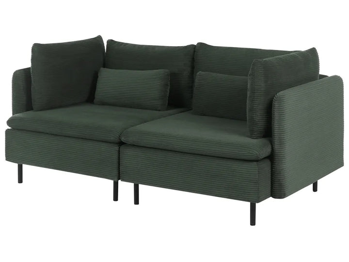 A dark green corduroy loveseat sofa with matching back cushions and two throw pillows, shown on a plain white background.