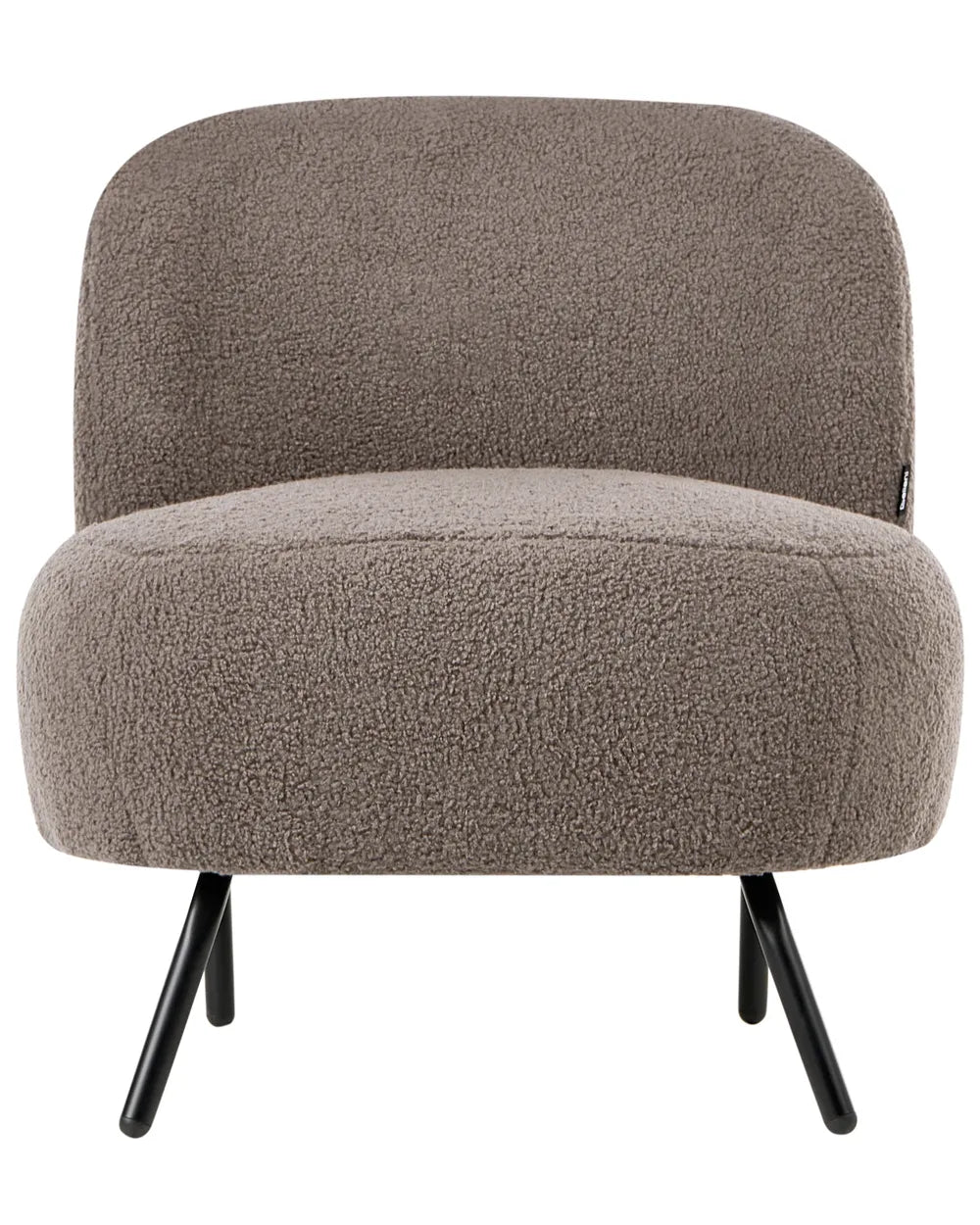A modern low-profile accent chair upholstered in a textured bouclé fabric in a warm taupe-brown color, supported by slim black metal legs, shown against a plain white background.