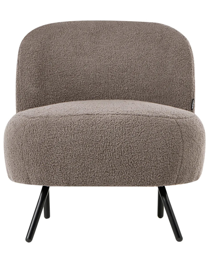 A modern low-profile accent chair upholstered in a textured bouclé fabric in a warm taupe-brown color, supported by slim black metal legs, shown against a plain white background.