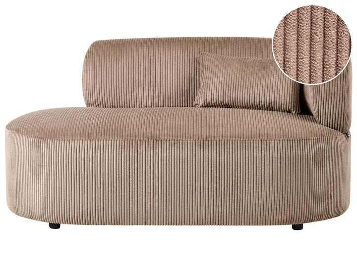A taupe corduroy chaise lounge with a matching accent pillow, featuring a circular fabric texture inset on the upper right.