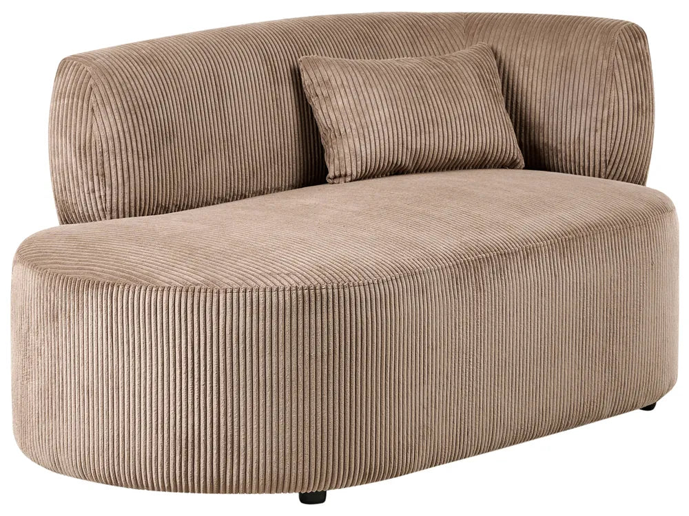 A curved upholstered daybed or chaise lounge with a ribbed corduroy-like texture in a warm taupe-brown color, featuring a matching back cushion and small black feet, shown on a plain white background.