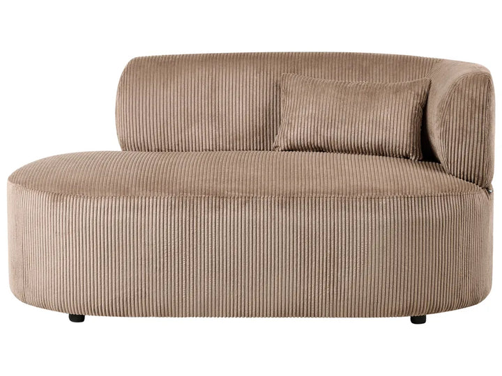 A modern curved upholstered daybed or chaise lounge in a ribbed corduroy fabric, shown in a warm taupe-brown color with a matching throw pillow, isolated on a white background.