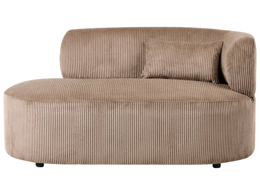 A modern curved upholstered daybed or chaise lounge in a ribbed corduroy fabric, shown in a warm taupe-brown color with a matching throw pillow, isolated on a white background.