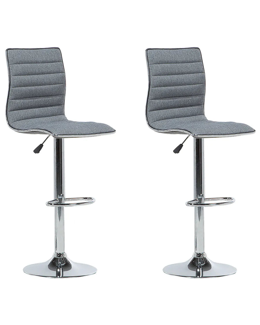 Two gray bar stools with chrome bases on a white background