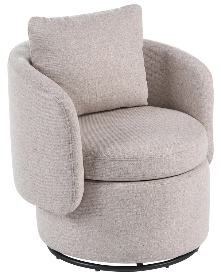 A light beige textured fabric swivel armchair with a matching square back cushion, set against a plain white background.