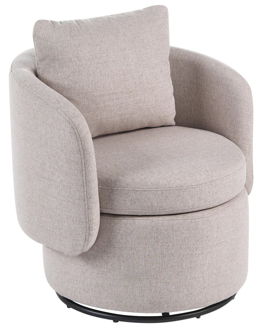 A light beige textured fabric swivel armchair with a matching square back cushion, set against a plain white background.