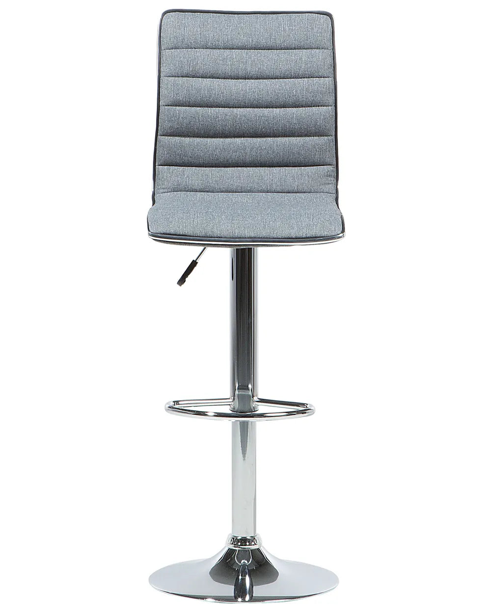 Gray upholstered bar stool with a chrome base on a white background