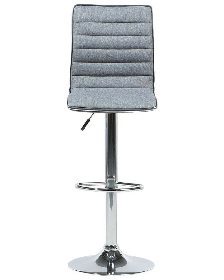 Gray upholstered bar stool with a chrome base on a white background