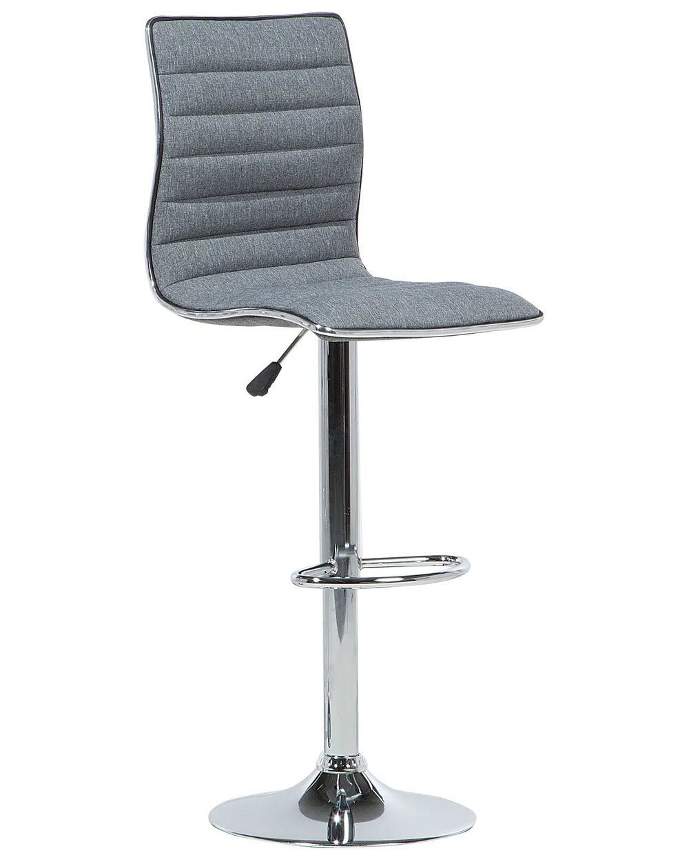 Gray bar stool with a chrome base on a white background