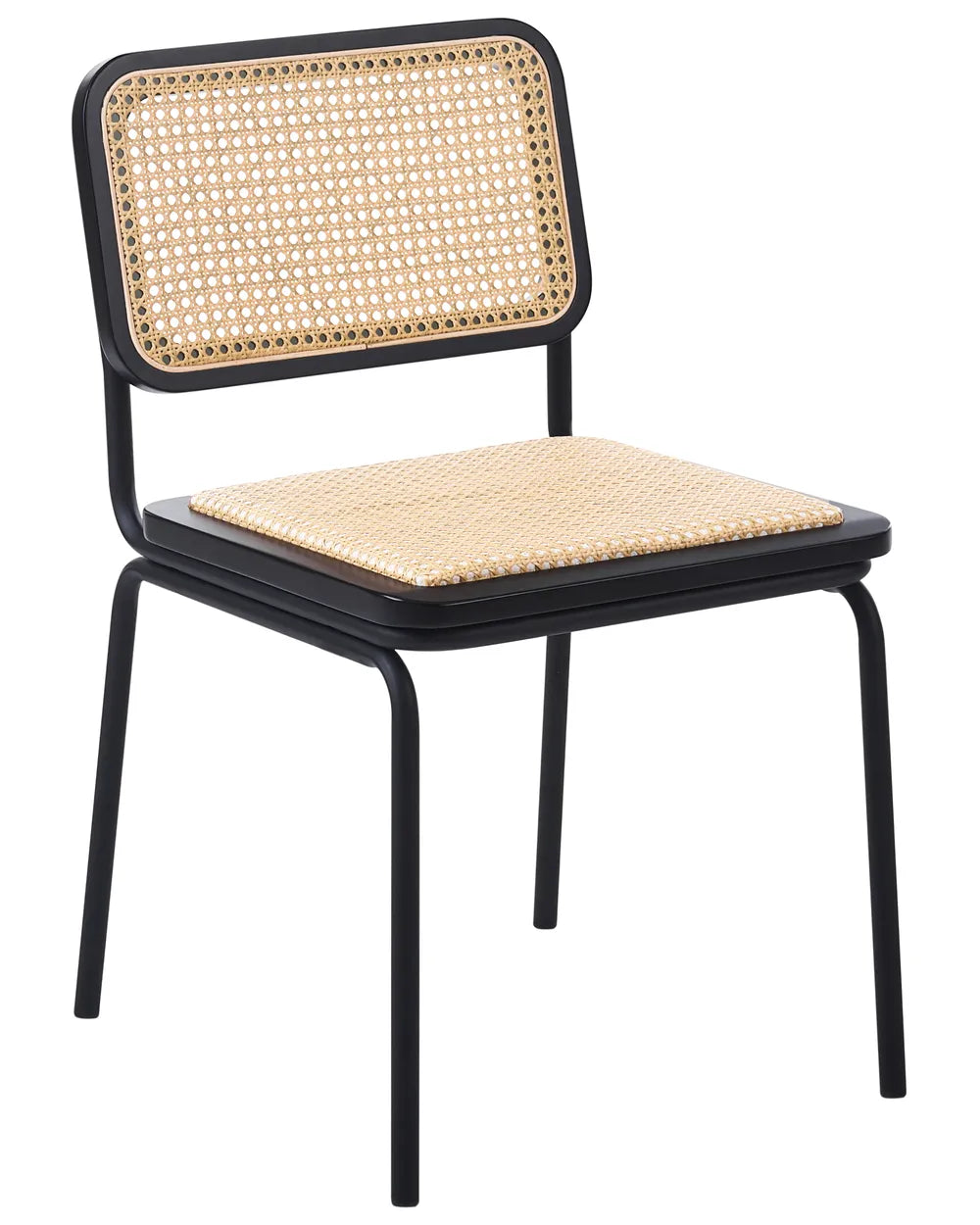 A modern dining chair with a black metal frame and natural cane backrest and seat, shown on a plain white background.
