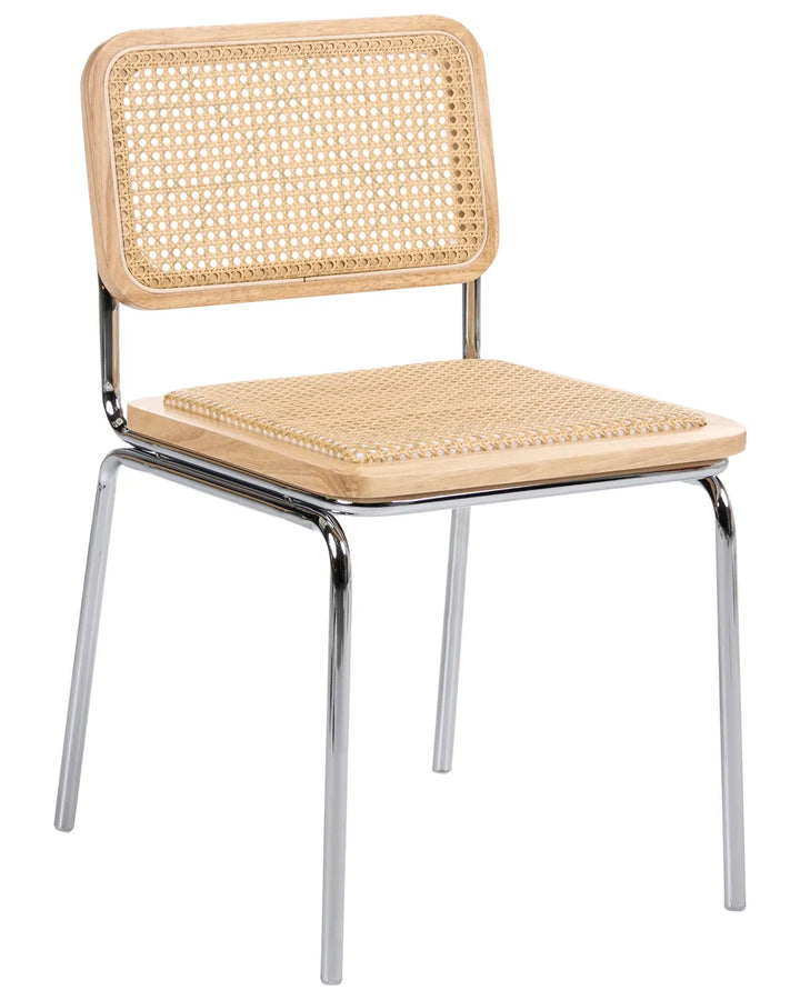 A modern dining chair with a light natural wood seat and backrest, featuring a woven cane or rattan center, supported by a polished chrome metal frame on a white background.