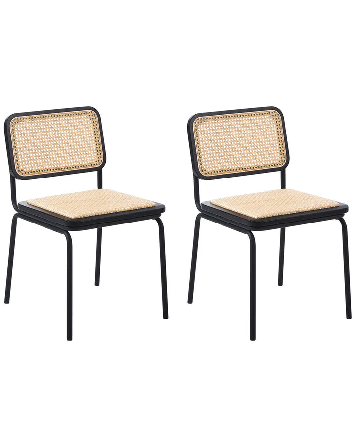 Two chairs with black frames and woven seats on a white background
