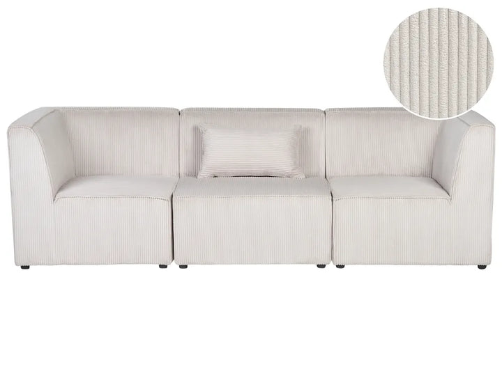 Light gray sectional sofa with close-up of fabric texture on a white background
