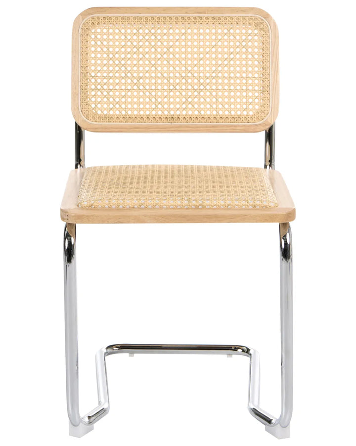 A cantilever-style chair with a light natural wood seat and backrest featuring a woven cane or rattan pattern, supported by a polished chrome metal frame.