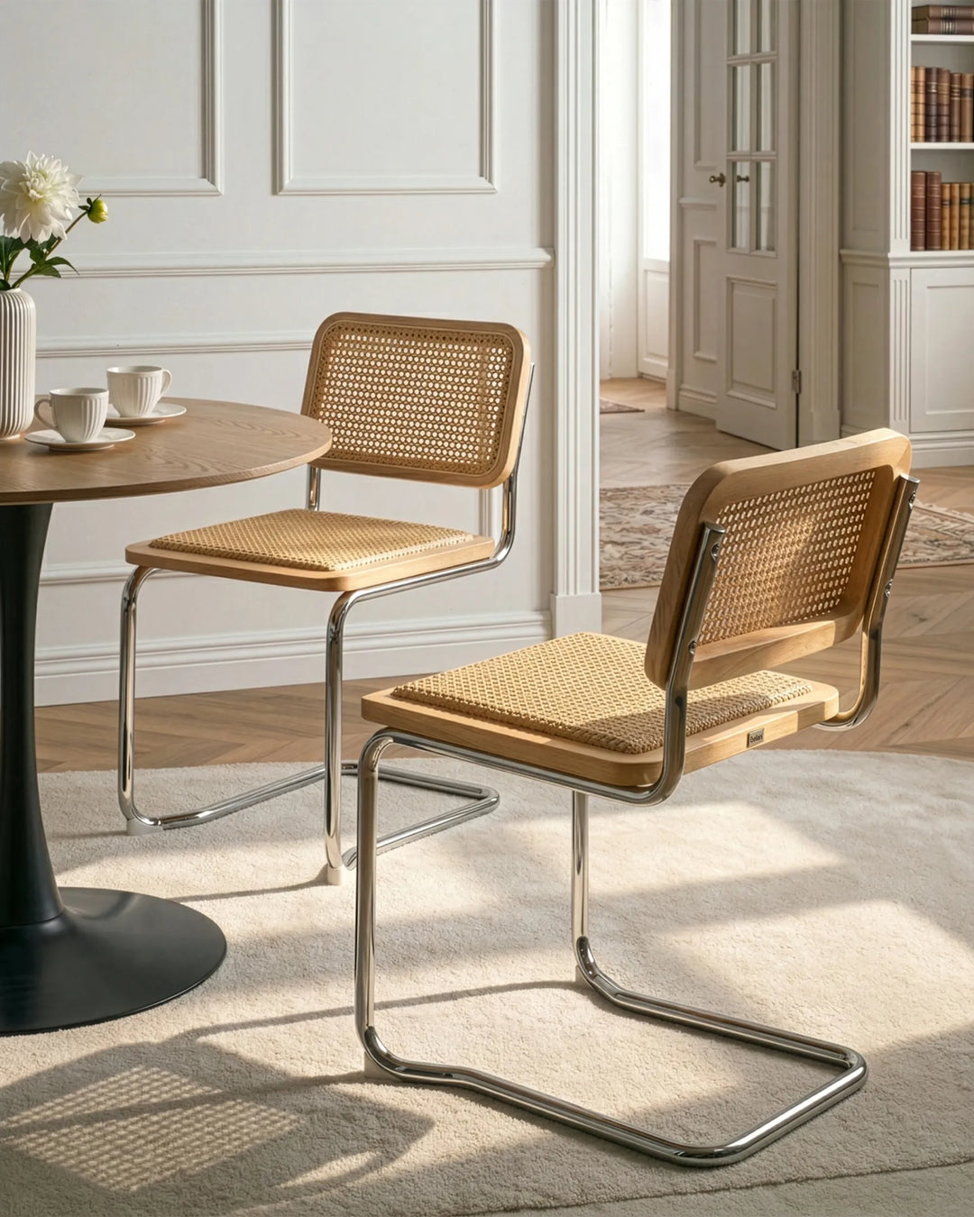 Two modern cantilever chairs with woven cane seats and backs, shown in a bright, elegant room next to a round wooden table.