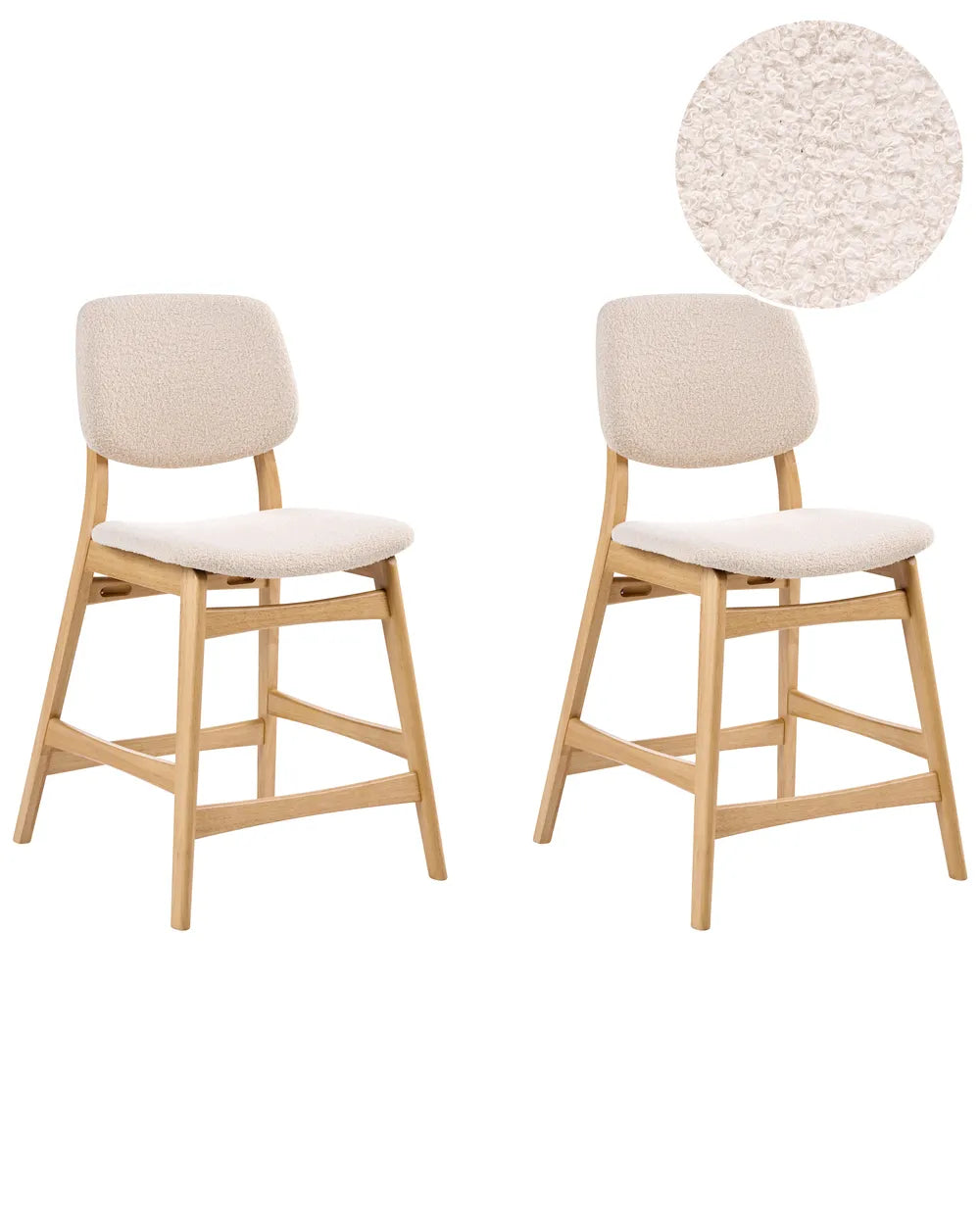 Two light oak wood bar stools with cream bouclé upholstered seats and backs, shown on a white background with a circular fabric texture inset in the top right.