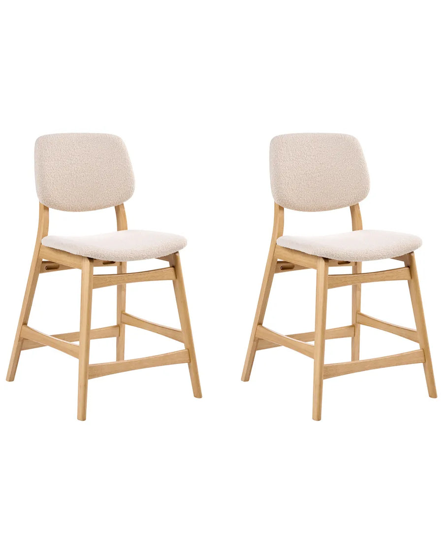 Two beige bar stools with white seats on a white background