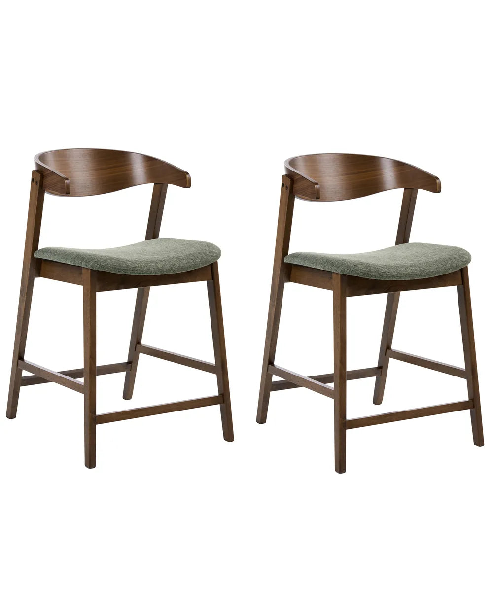 Two wooden bar stools with curved backrests and light sage green upholstered seats, shown on a plain white background.
