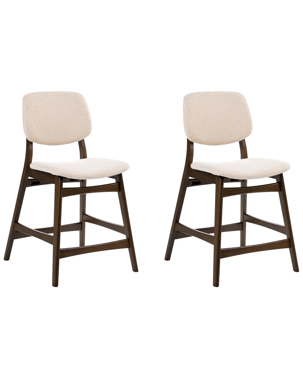 Two matching bar stools with dark brown wooden frames and cream-colored textured upholstered seats and backs, shown side by side on a plain white background.