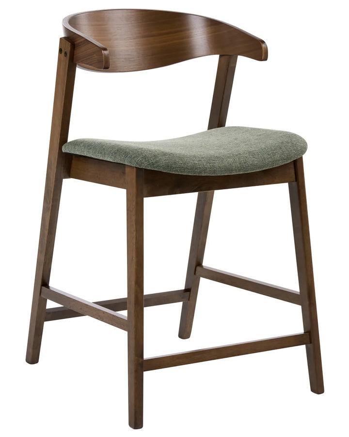 Wooden bar stool with a green cushion on a white background