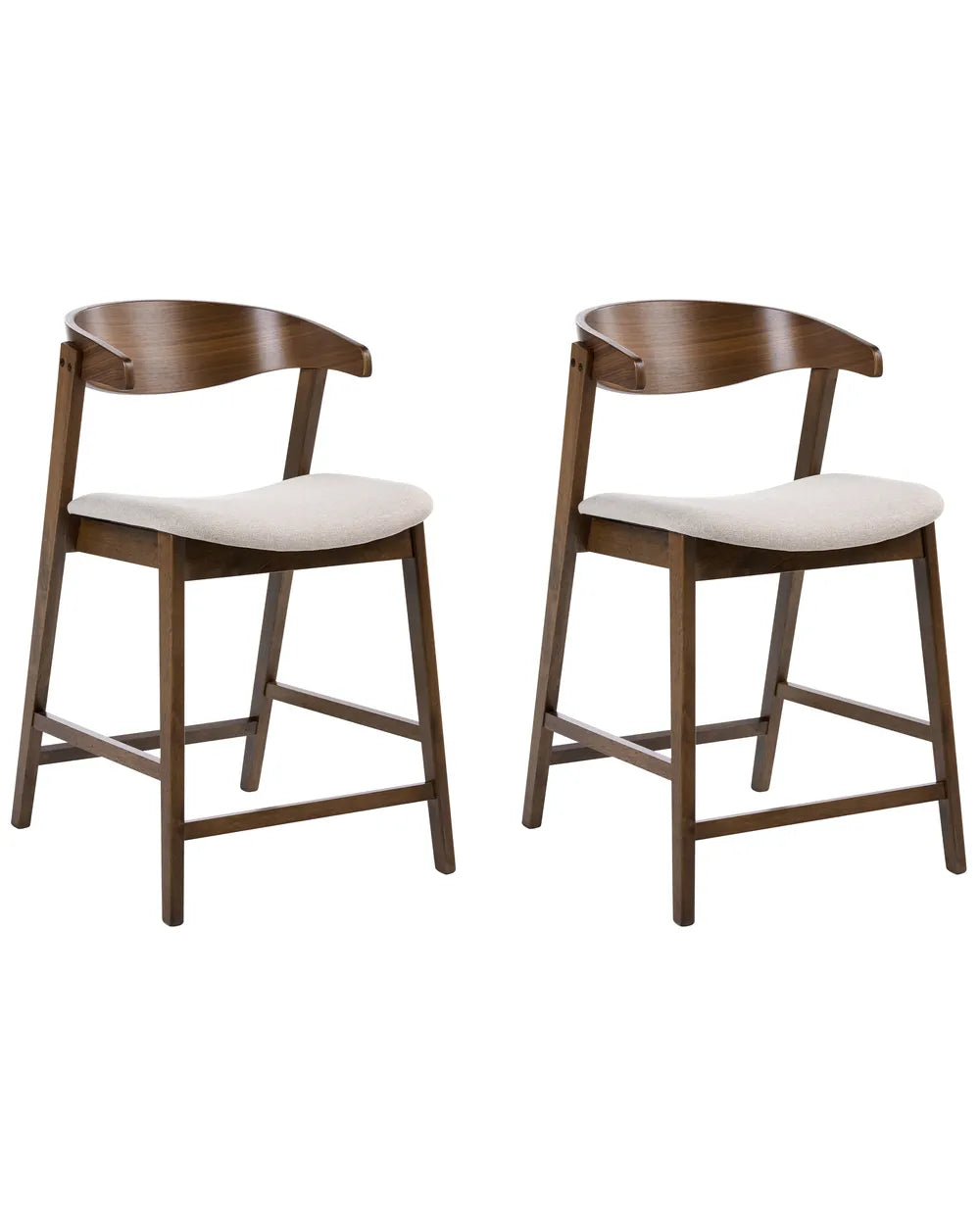 Two wooden bar stools with white seats on a white background