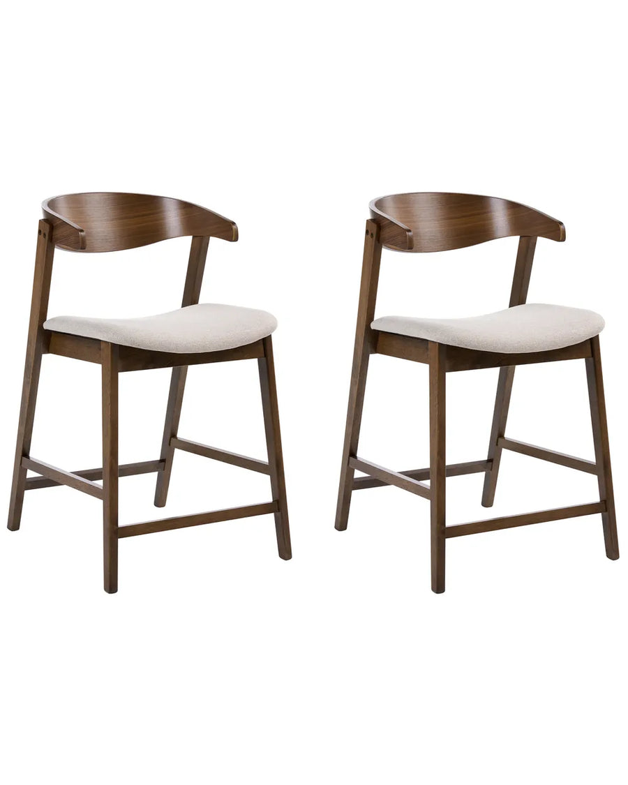 Two wooden bar stools with white seats on a white background
