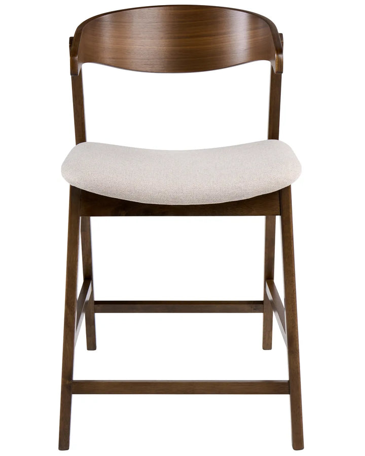 A wooden bar stool with a curved backrest, dark brown wood frame, and a light beige upholstered seat cushion, shown against a plain white background.