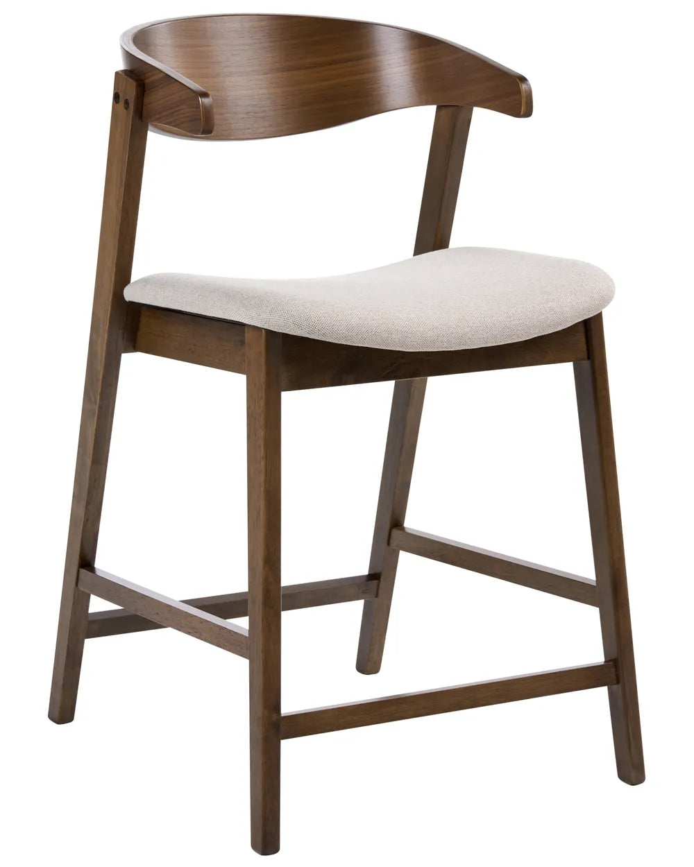 A modern wooden bar stool with a curved backrest, medium brown wood frame, and a light beige upholstered seat cushion, shown on a plain white background.