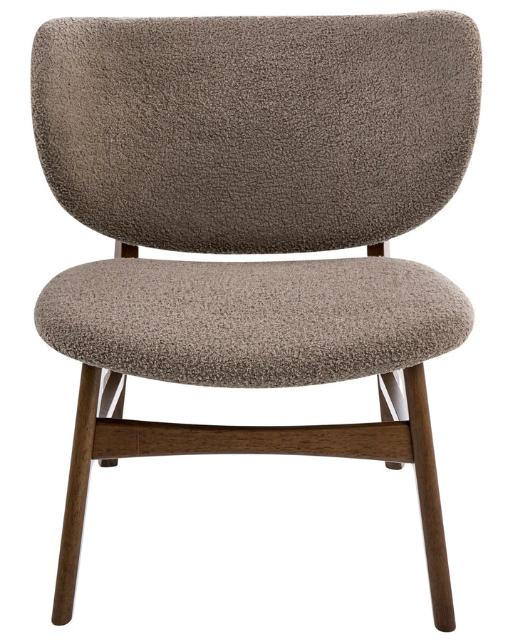 A modern lounge chair with a textured taupe bouclé upholstered seat and curved backrest, supported by a mid-century style dark brown wooden frame with tapered legs.