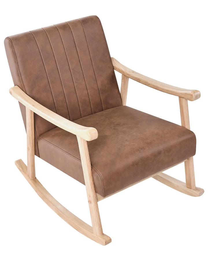 Brown leather rocking chair with wooden frame on a white background