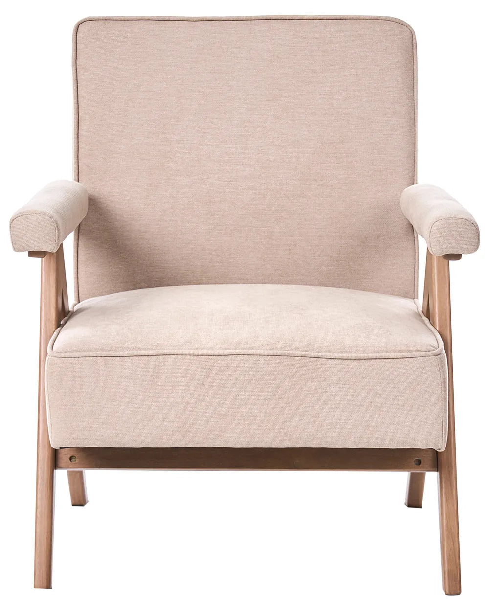 A modern armchair with beige textured fabric upholstery and a light brown wooden frame, shown from a front-facing perspective on a solid white background.